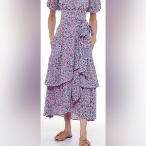 Banjanan Frances Tiered Midi Wrap Skirt Audrey Sprig Purple Pink Floral XS